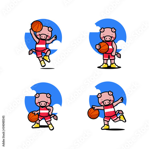 Set of happy cute pig playing basketball