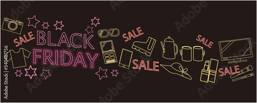 Black Friday concept neon lettering graphic illustration. Black Friday sale decoration background. Vector illustration. Neon sigh graphic for Black Friday promotion.