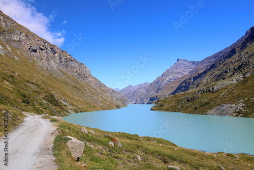 Mauvoisin reservoir located in Val de Bagnes, Valais with concrete arch dam, Switzerland