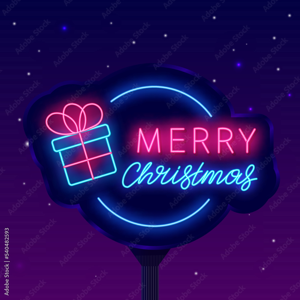 Fototapeta premium Merry Christmas neon street billboard. Light lettering. Gift in circle frame. Luminous advertising. Vector illustration
