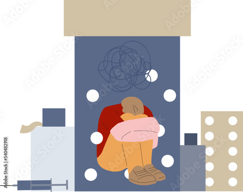 Drugs addiction. Medical disease, flat man sitting in pills bottle. Frustration and confusion, tired person in stress. Medicine support, antisocial behavior vector concept