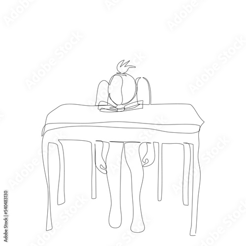 One depression girl is sitting face down at the table isolated vector illustration in single line drawing style.Alone Teenager is tried and be absent-minded vector continue line concept healthcare.
