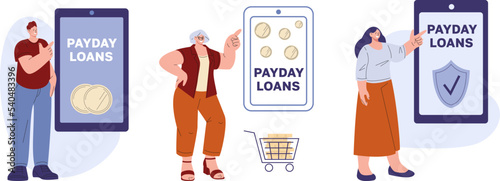 Payday Loans online vector scene. Smart loan on smartphone, quickly money for life, shopping or restaurant. People financial support