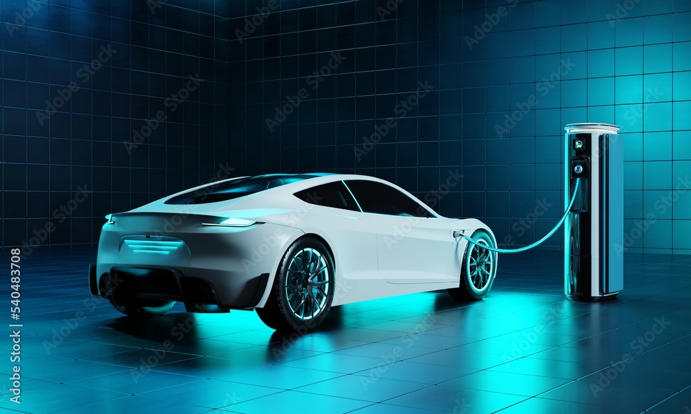 Futuristic electric car is connected to the EV charging station in the underground parking of the business center showroom. Technology and alternative energy concept. 3D illustration rendering