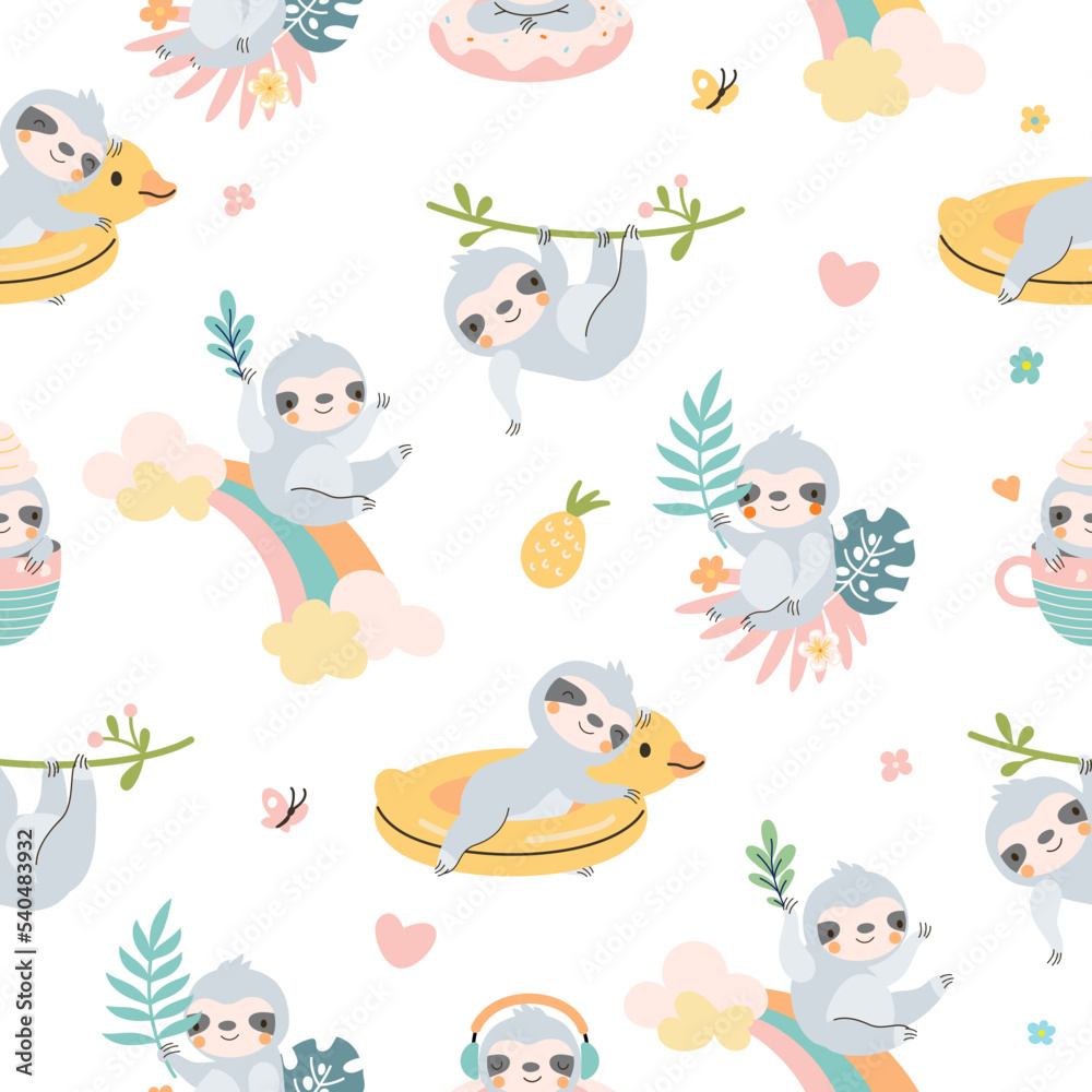 Lazy cartoon sloth seamless pattern. Sloths textile prints, sleeping exotic wild animal. Cute childish nowaday characters on rainbow and tree, vector background