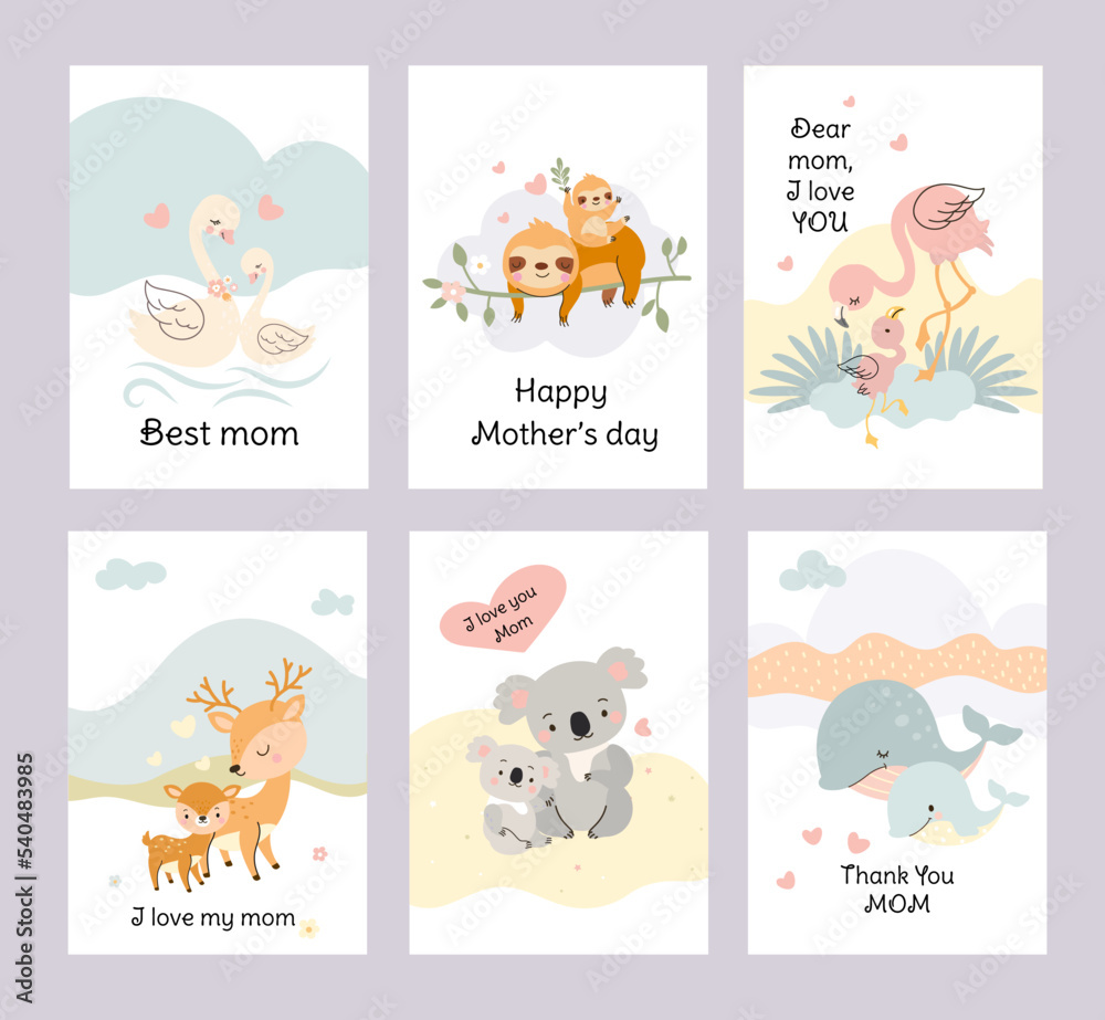 Cute animal mother day cards. Cubs and mummy, baby animals love mom. Female fauna characters, funny sloth koala swan. Nowaday childish vector set
