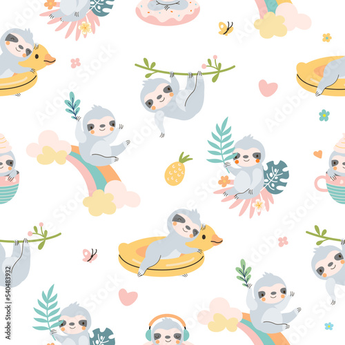 Lazy cartoon sloth seamless pattern. Sloths textile prints  sleeping exotic wild animal. Cute childish nowaday characters on rainbow and tree  vector background