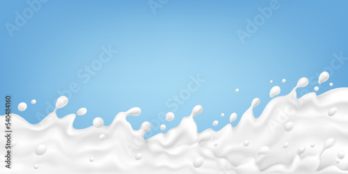 Realistic milk splash banner. Yogurt or creamy liquid, white fluid on blue. Dairy wave, ad pithy vector background with splashes and blobs