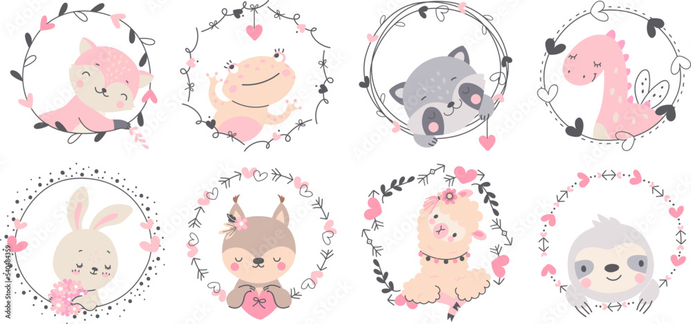 Cartoon animals in love frames with hearts, arrows and plants. Valentines day decorative elements. Cute romantic nowaday vector decorations Cartoon animals in love frames with hearts, arrows and plants. Valentines day decorative elements. Cute romantic nowaday vector decorations