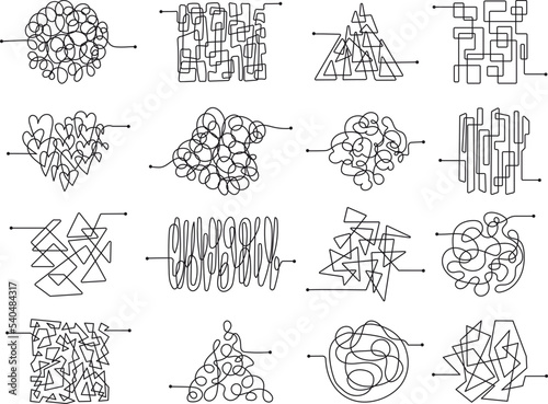 Tangled lines clipart. Chaos graphic ball, entanglement confusion abstract elements. Mess scribbl simple thread. Chaotic confused decent vector symbols
