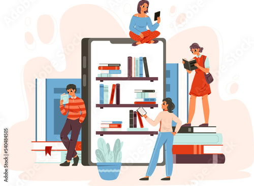 Digital library concept. University students online books reading. Language course, media reading files. Teens learning, read ebook snugly vector scene