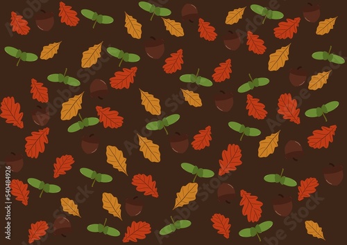 iSeamless pattern with leaves, acorn and peige color dots. Colorful autumn natural seamless pattern with fall leaves, acorns and autumn oak leaves. Gifting paper, wallpaper, web page background  photo