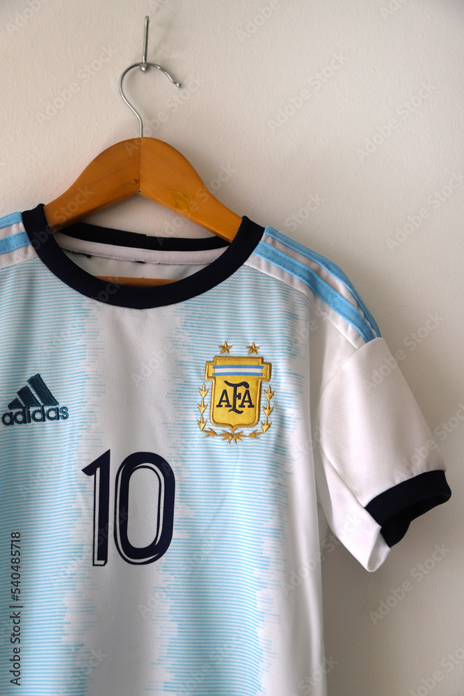 Argentina soccer jersey. Lionel Messi shirt. Number 10. light blue and