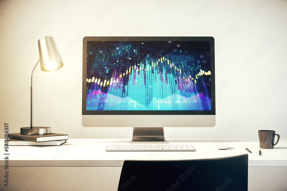 Computer monitor with abstract financial graph, finance and trading concept. 3D Rendering Computer monitor with abstract financial graph, finance and trading concept. 3D Rendering