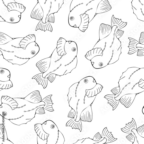 Seamless Pattern with Black Fish on White Background. Repeat Pattern Design for Print  Wallpaper  Wrapping Paper  Cover  Textile.