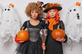 Two amazed women wear halloween witches costume hold pumpkins stare impressed at camera prepare for mysterious event stand against spooky creatures cannot believe eyes. 31st of October is coming