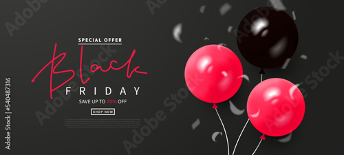 Black Friday sale background with balloons and confetti. Modern 3D design.Universal vector background for posters, banners, leaflets, postcards.