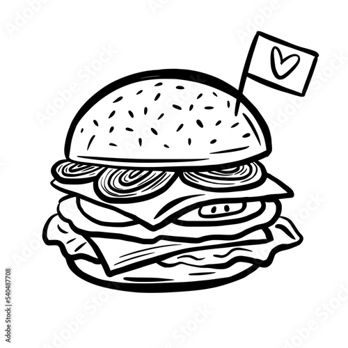 Vector illustration of a hand-drawn hamburger in the style of a doodle. Fast food.