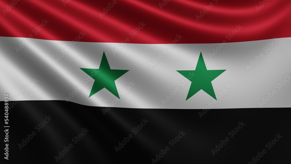Render of the Syria flag flutters in the wind close-up, the national flag of Syria in 4k resolution, close-up, colors: RGB. High quality 3d illustration Render of the Syria flag flutters in the wind close-up, the national flag of Syria in 4k resolution, close-up, colors: RGB. High quality 3d illustration