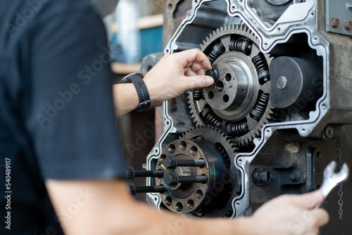 closedup of Diesel commonrail engine in heavy machinery workshop