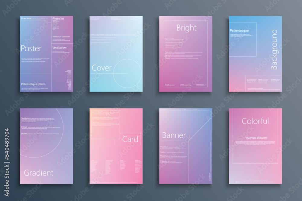 Collection of colorful gradient covers, templates, backgrounds, placards, brochures, banners, flyers and etc. Bright holographic posters, cards, catalogs