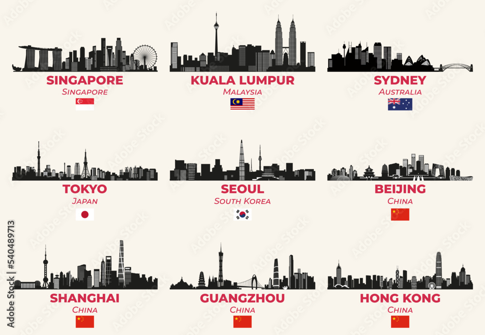 Asian cities skylines silhouettes vector set