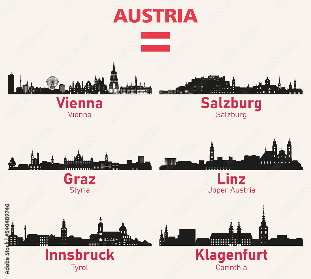 Austria cities skylines silhouettes vector set