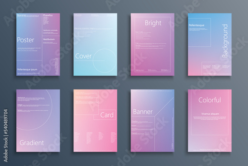 Collection of colorful gradient covers, templates, backgrounds, placards, brochures, banners, flyers and etc. Bright holographic posters, cards, catalogs