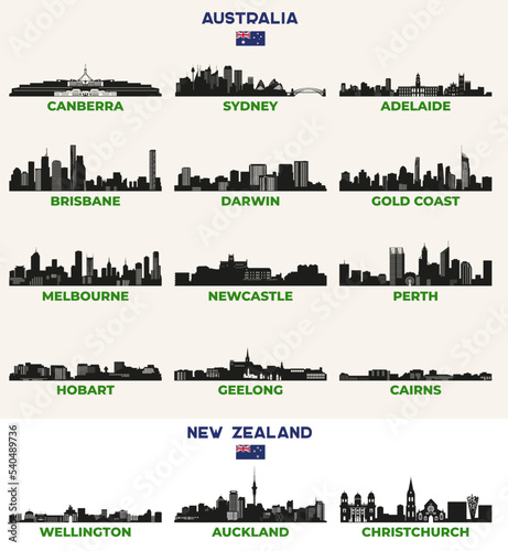 Fotobehang Australian and New Zealand cities skylines silhouettes vector set