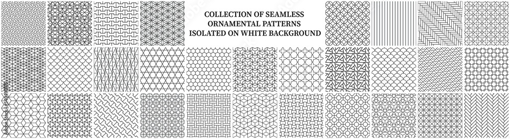 Collection of seamless ornamental geometric patterns isolated on white background. Vector repeatable black and white grid textures - symmetric prints