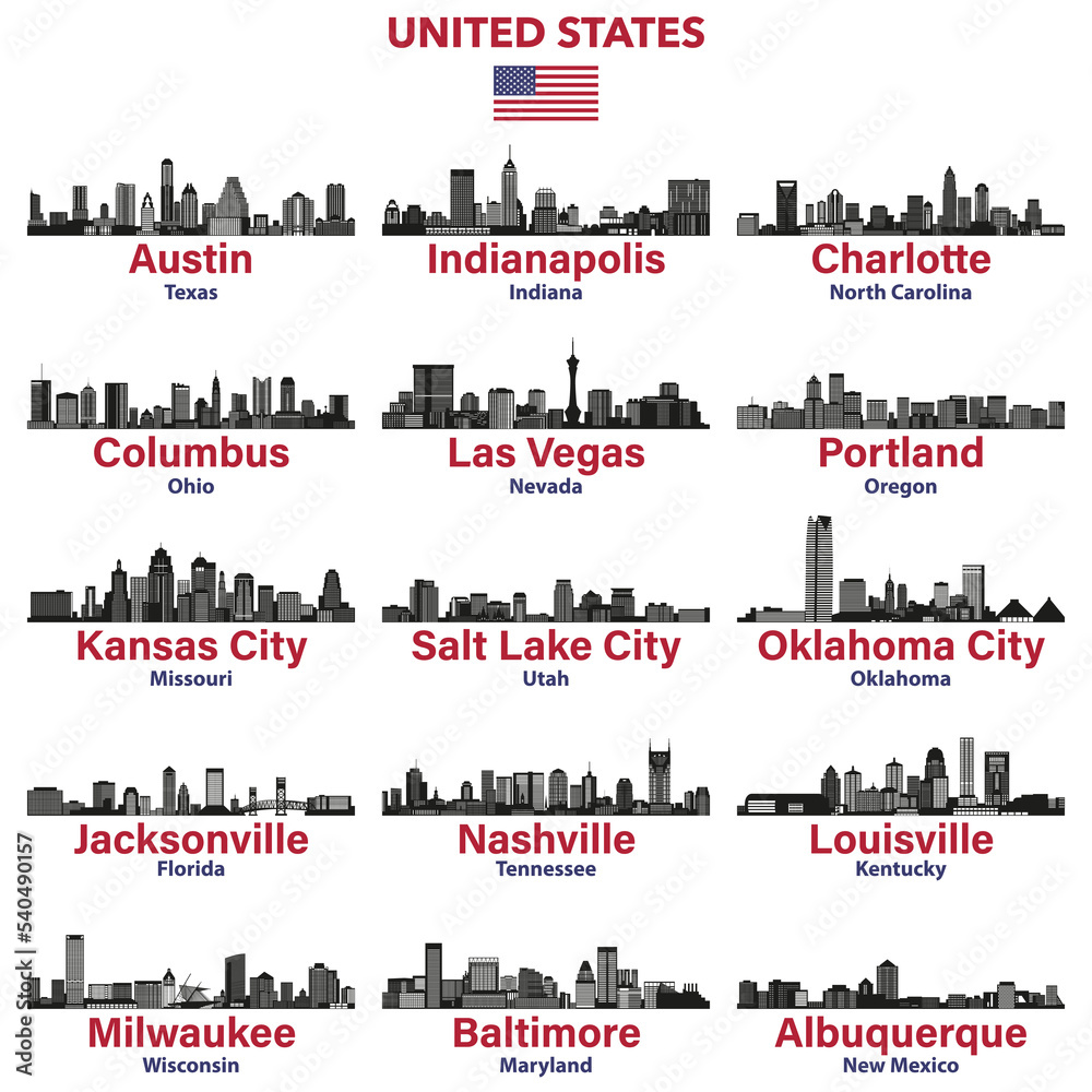 United States cities skylines silhouettes vector illustrations set