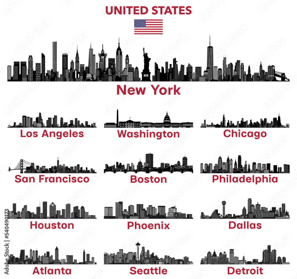 United States cities skylines silhouettes vector illustrations