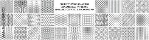 Collection of seamless ornamental geometric patterns isolated on white background. Vector repeatable black and white grid textures - symmetric prints