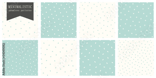 Collection of simple seamless delicate patterns with geometric shapes. Cute minimalistic backgrounds. Trendy textile prints