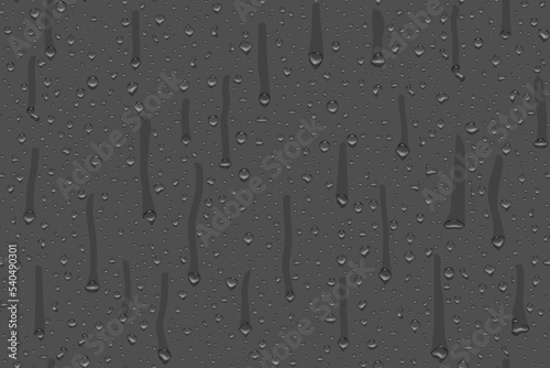 Realistic water drop pattern on dark background. Raindrops on glass for overlaying on window. Shower or rain. Droplets texture. Condensed water on surface. Vector illustration