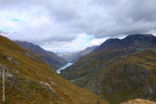 Mauvoisin reservoir located in Val de Bagnes, Valais with concrete arch dam, Switzerland