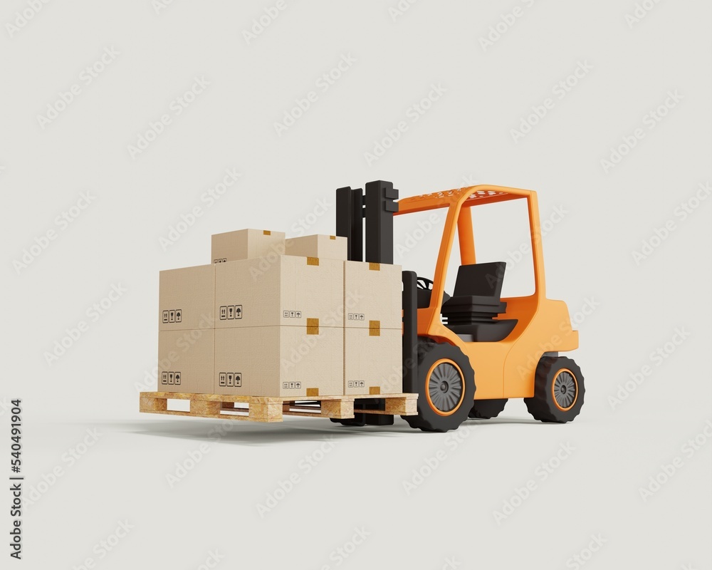 Electric forklift at work in a warehouse. Boxes on a pallet for unloading and storage. 3d rendering. Electric forklift at work in a warehouse. Boxes on a pallet for unloading and storage. 3d rendering.