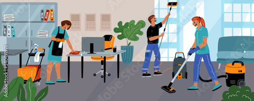 Cleaning premises process. Professional cleaners. Workers in uniform with special equipments. Hygienic service. People vacuuming and washing window. Cleanup staff. Garish vector concept