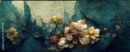 Abstarct Flowers, herbarium, luxury color combination, cyanotype of stone surrounded by flowers, torn paper golden glow, abstract pattern, foliage background, crumpled paper. 3D artwork