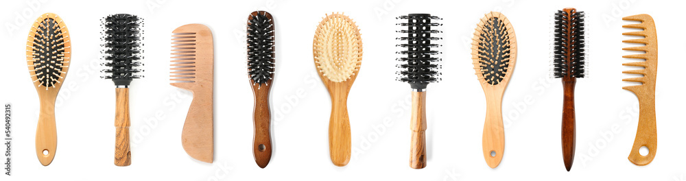 Set of different hair brushes and combs isolated on white Set of different hair brushes and combs isolated on white