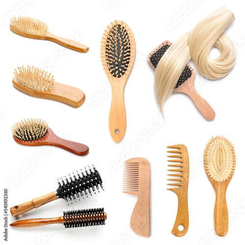 Set of different hair brushes and combs isolated on white