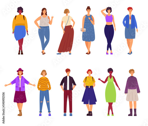 Summer diverse trendy standing women. Fashion beauty girls. Happy smiling female characters. Ladies portraits set. Casual stylish outfits. Elegant clothing. Vector nowaday illustration