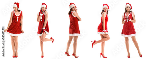 Set of sexy young woman in Santa costume on white background