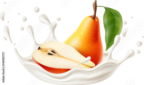 Realistic yogurt fruit splashes. Whole or half juicy pear. Fermented milk drops and liquid burst. Cream beverage splatters. Dairy product taste. Natural ingredient. Vector healthy food
