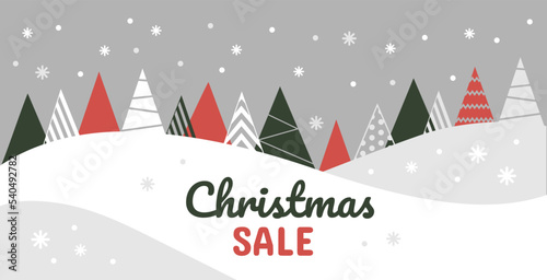 Christmas winter sale, abstract banner with snowdrifts and coniferous plants. Holiday merry xmas scene, snow mountain, tree landscape. Vector cartoon flat illustration, tidy background