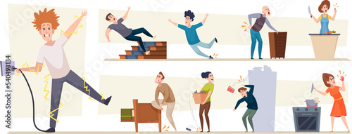 Household injuries. Home accidents problems with damaged house tools danger conceptual symbols exact vector cartoon illustration of people in action poses