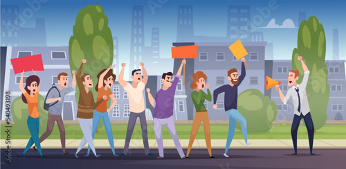Protested background. Crowd with protested banners screaming and aggresive moving in city strike exact vector templates
