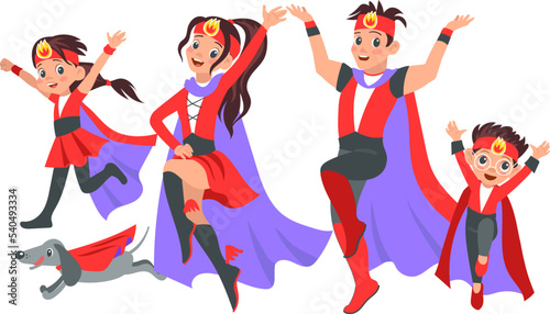 Super hero family. Happy parents with children and pets in colorful costumes. Strong mother and father. Brave kids. Superheroes in masks and capes. Comic characters. Vector illustration