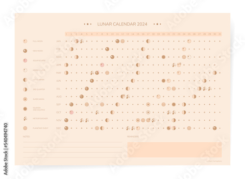 One page 2024 year moon calendar in retro vintage style. Minimal gold lunar calendar 2024 print poster.