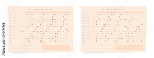 One page 2023 2024 year moon calendar and celestial events. Modern minimal lunar calendar 2023 print poster set for astronomy science and astrology practice. 